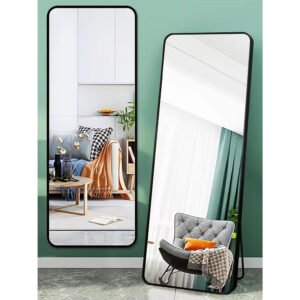 Full-length rectangular mirror with aluminum alloy frame, available in black, rose gold, and gold finishes. Perfect for any room.